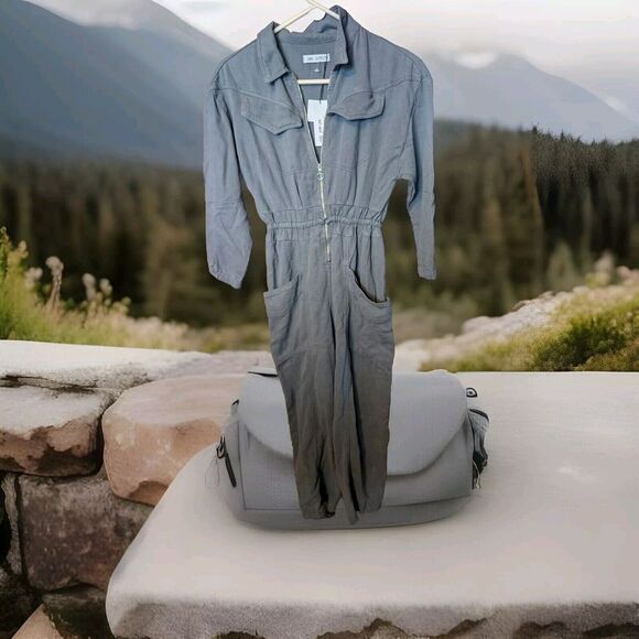 NWT ZARA Women's Sz  11-12 Gray Long‎ Jumpsuit Lyocell Cargo Pockets Drawstring - Picture 1 of 5